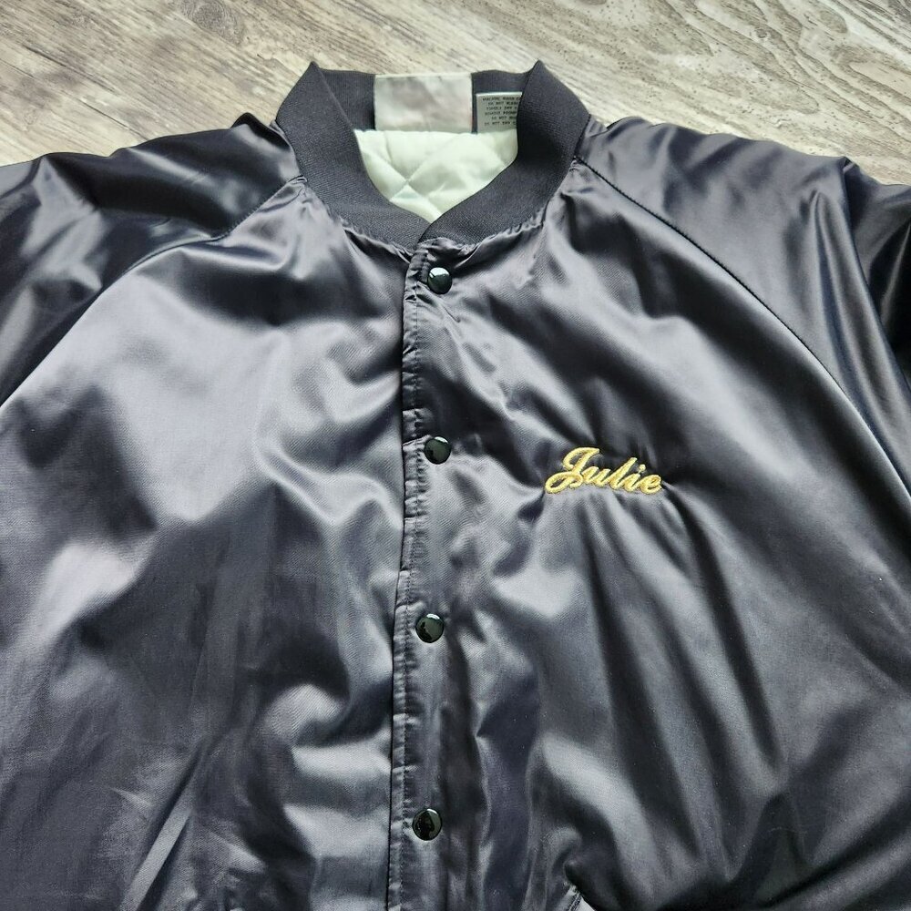 Vintage 90s Black Satin Bomber Jacket Moto Goldwing Graphic NAME Cardinal XL - Picture 9 of 13